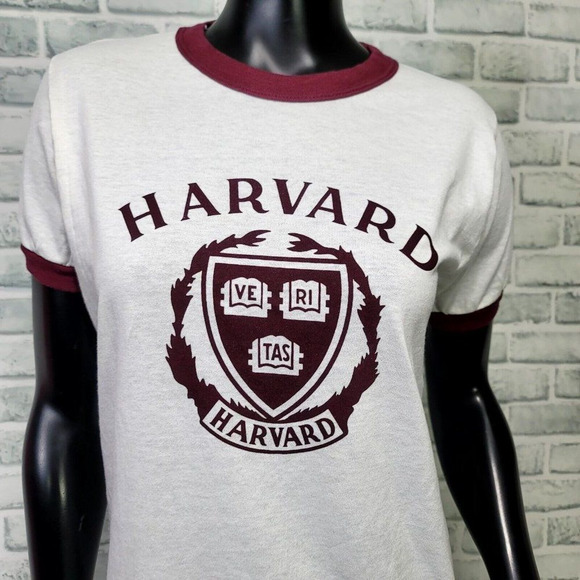 Vintage 80s Champion Size M Harvard University Single Stitch Ringer Short Sleeve - Picture 2 of 8